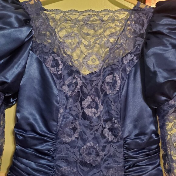 Vintage Royal Blue 80s Long Sleeve Lace A Line Prom Party Dress Women's Size 12 - Picture 11 of 15